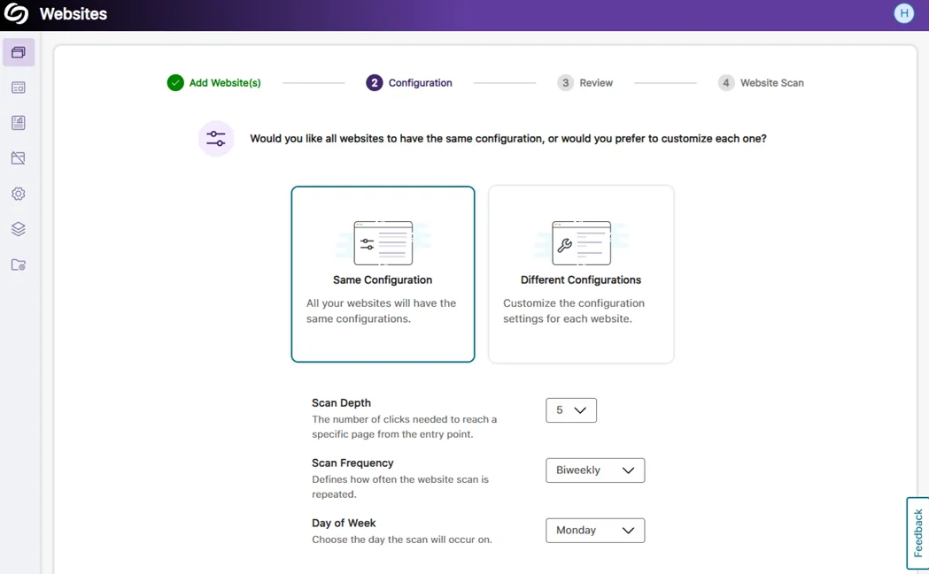 Website scan setup showing the same configuration applied to all websites.