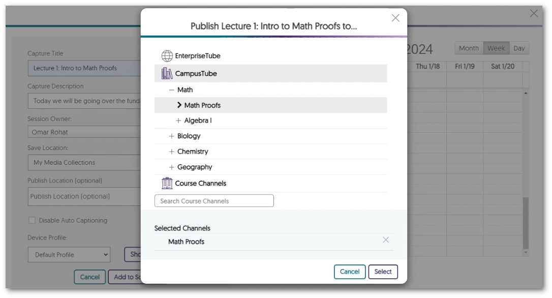 Option to select a folder from the EnterpriseTube for a software capture recording.