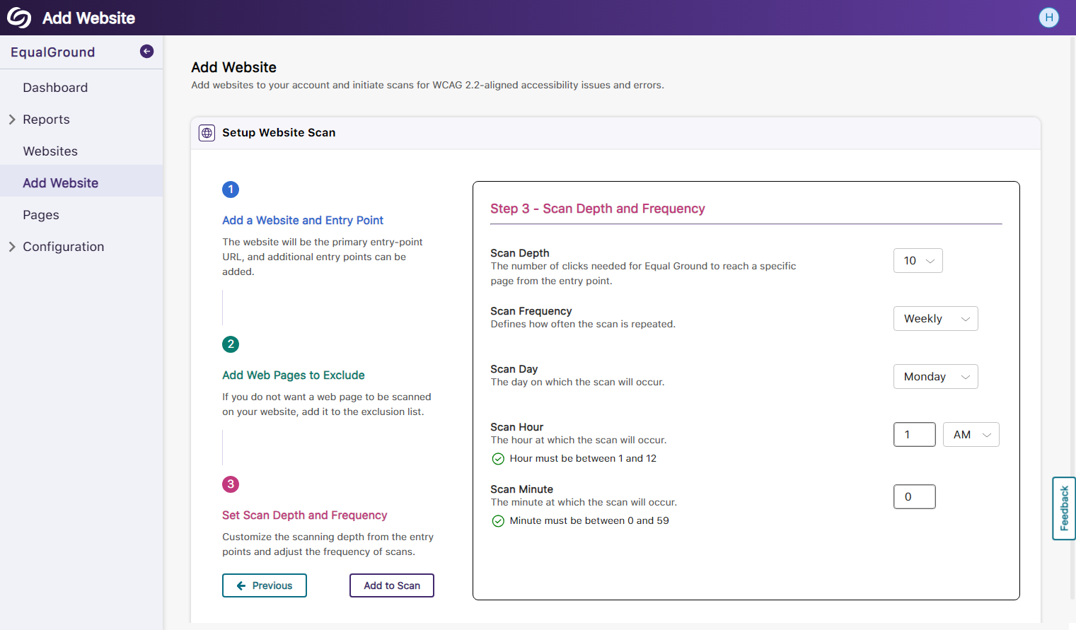Settings to adjust the scan depth and frequency.