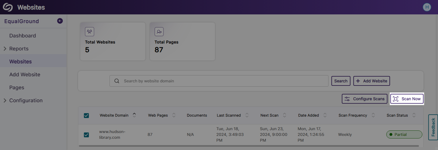 The website page shows the option to scan now. 
