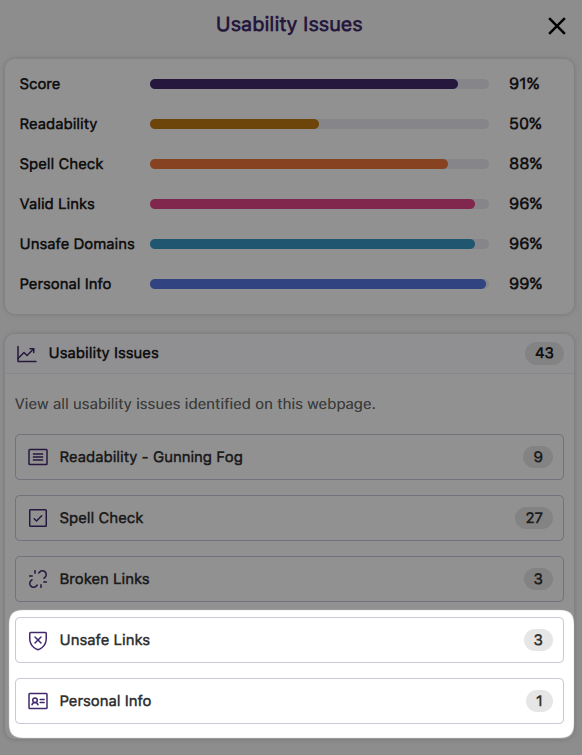 An image of the usability details page highlighting the Unsafe Links and Personal Info as the new checks of the usability issue.