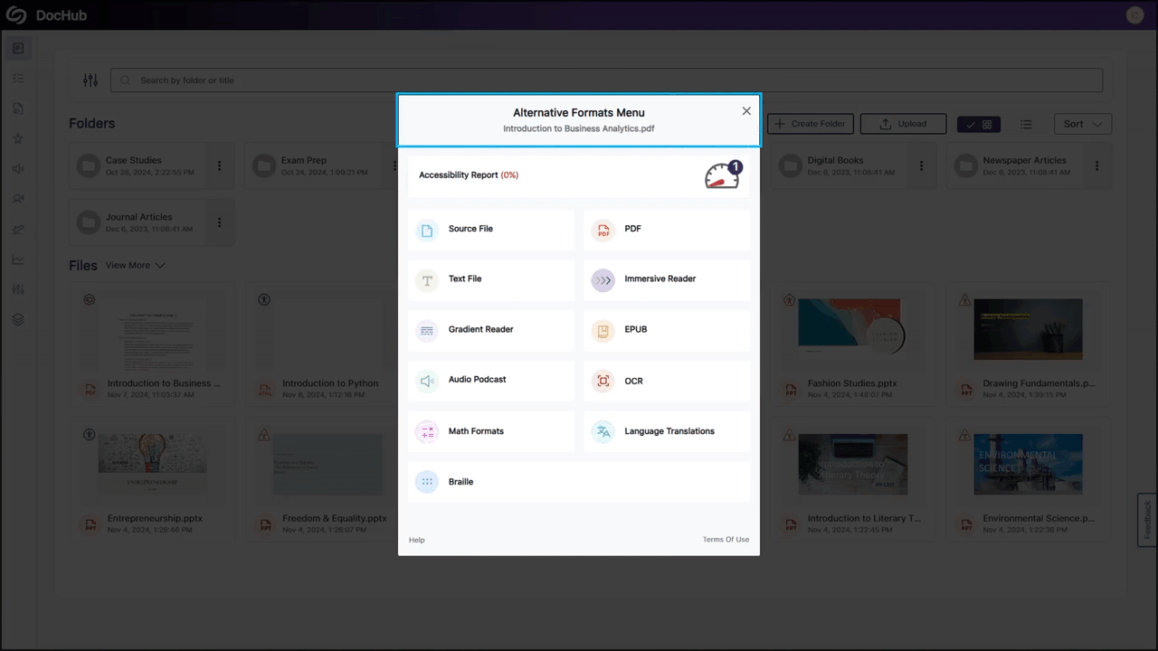A gif showing the smooth navigation of screen reader in Panorama, allowing you to navigate through all items in the Alternative Format Menu by simply using your keyboard.