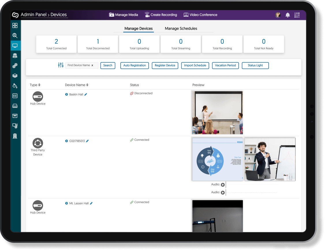 Tablet screen presenting YuJa Admin Panel Devices.