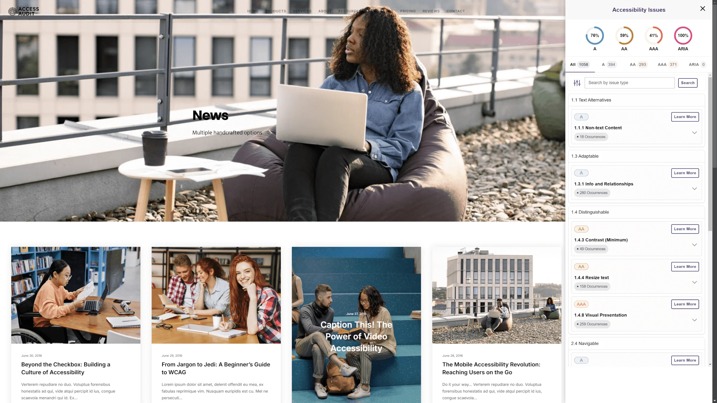 The YuJa EqualGround Browser Extension is open on a website, displaying accessibility scores.
