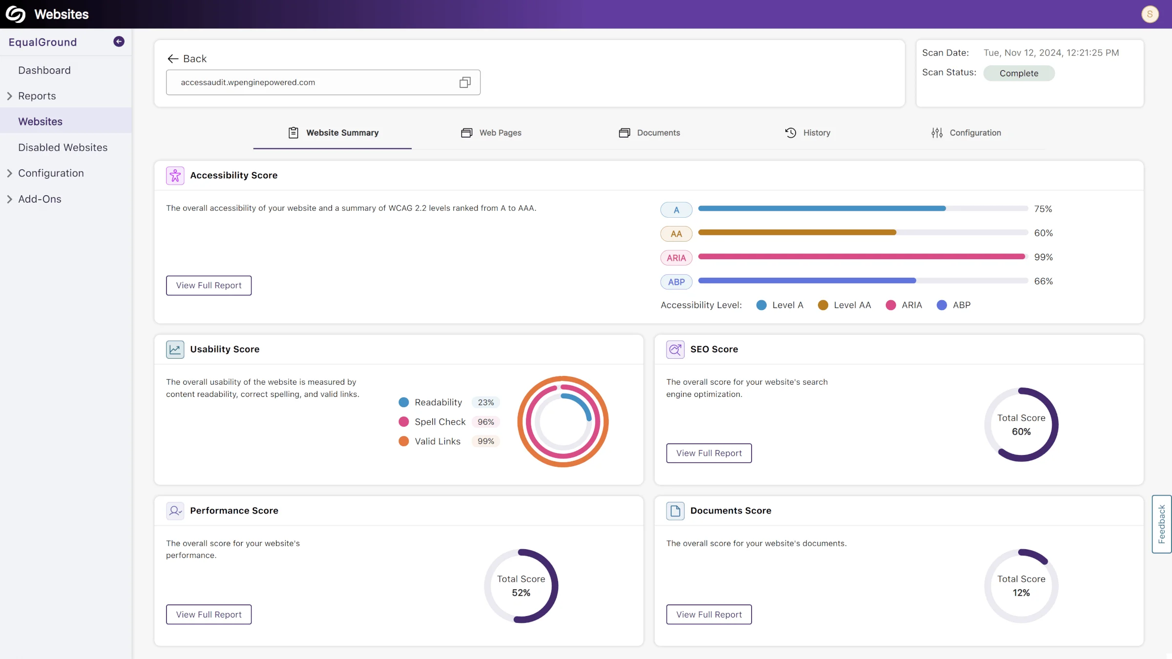 The Dashboard, which now features a website's Usability Score.