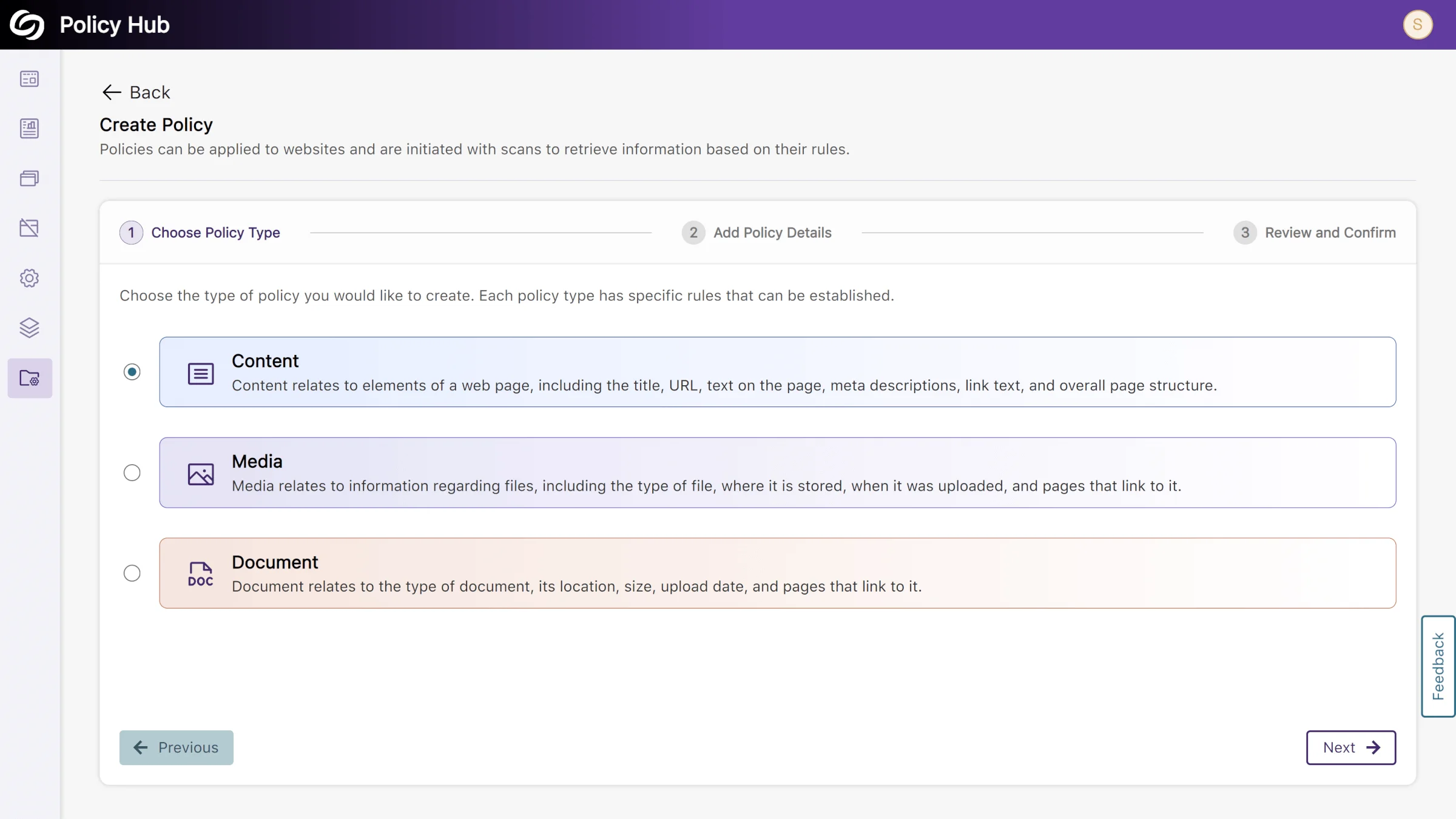The EqualGround Policy Hub, feature 3 policy types—Content, Media, and Document.
