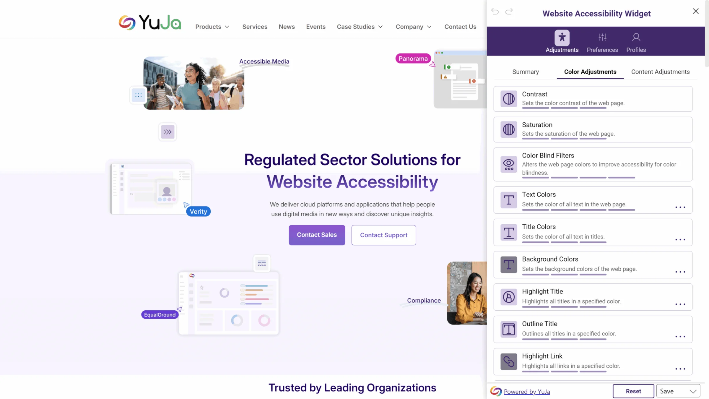 YuJa's Website Accessibility Widget is shown on the side of an open web page.
