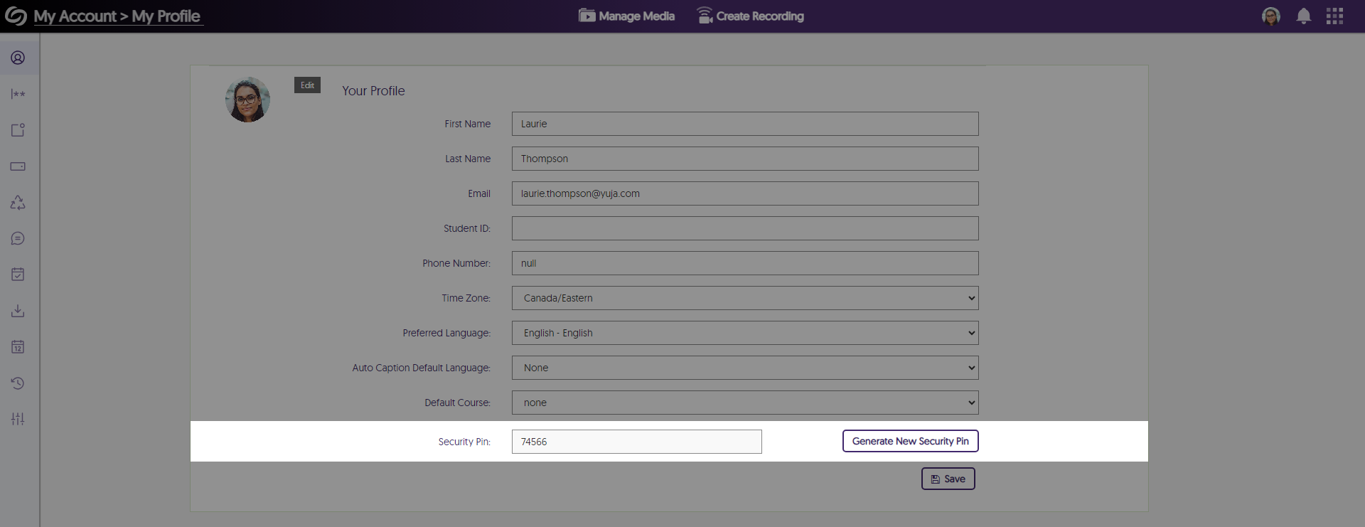 Security pin shown in My Profile.