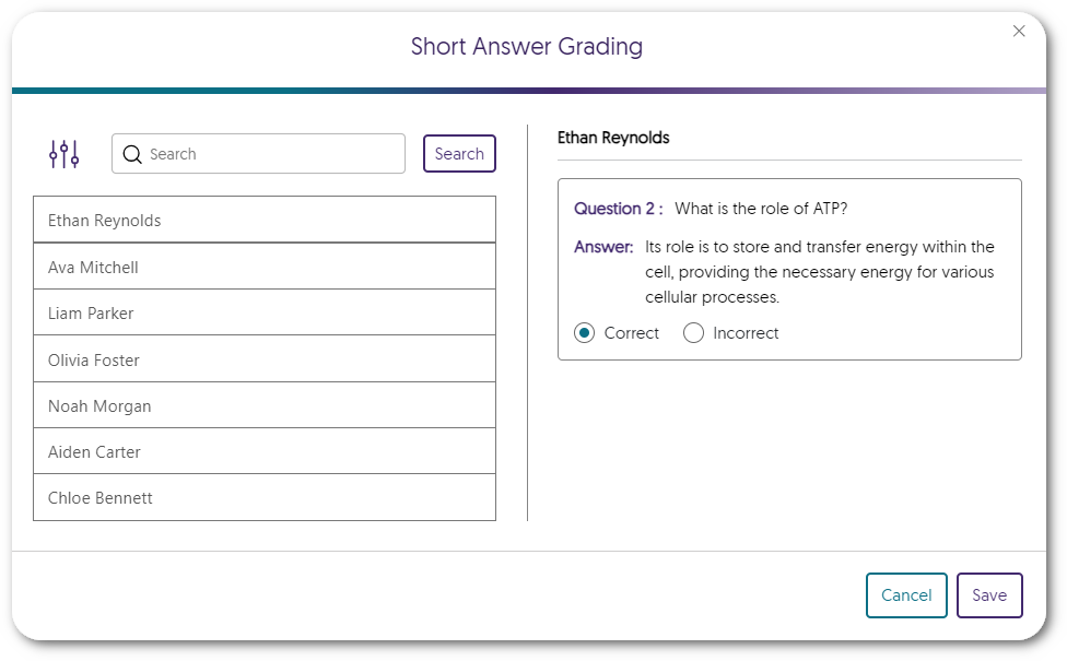 Results for short answers show a list of students and the response for a selected student to the right side.
