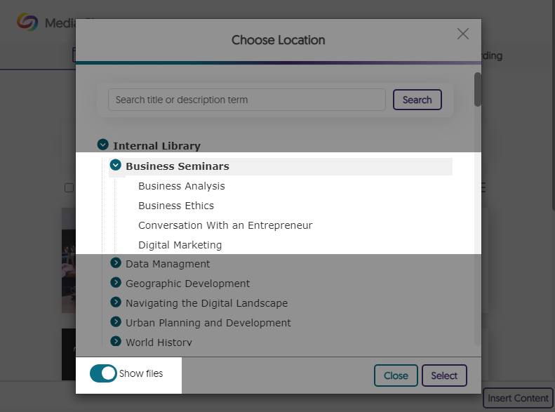 Files are shown within a folder in the Media Chooser.