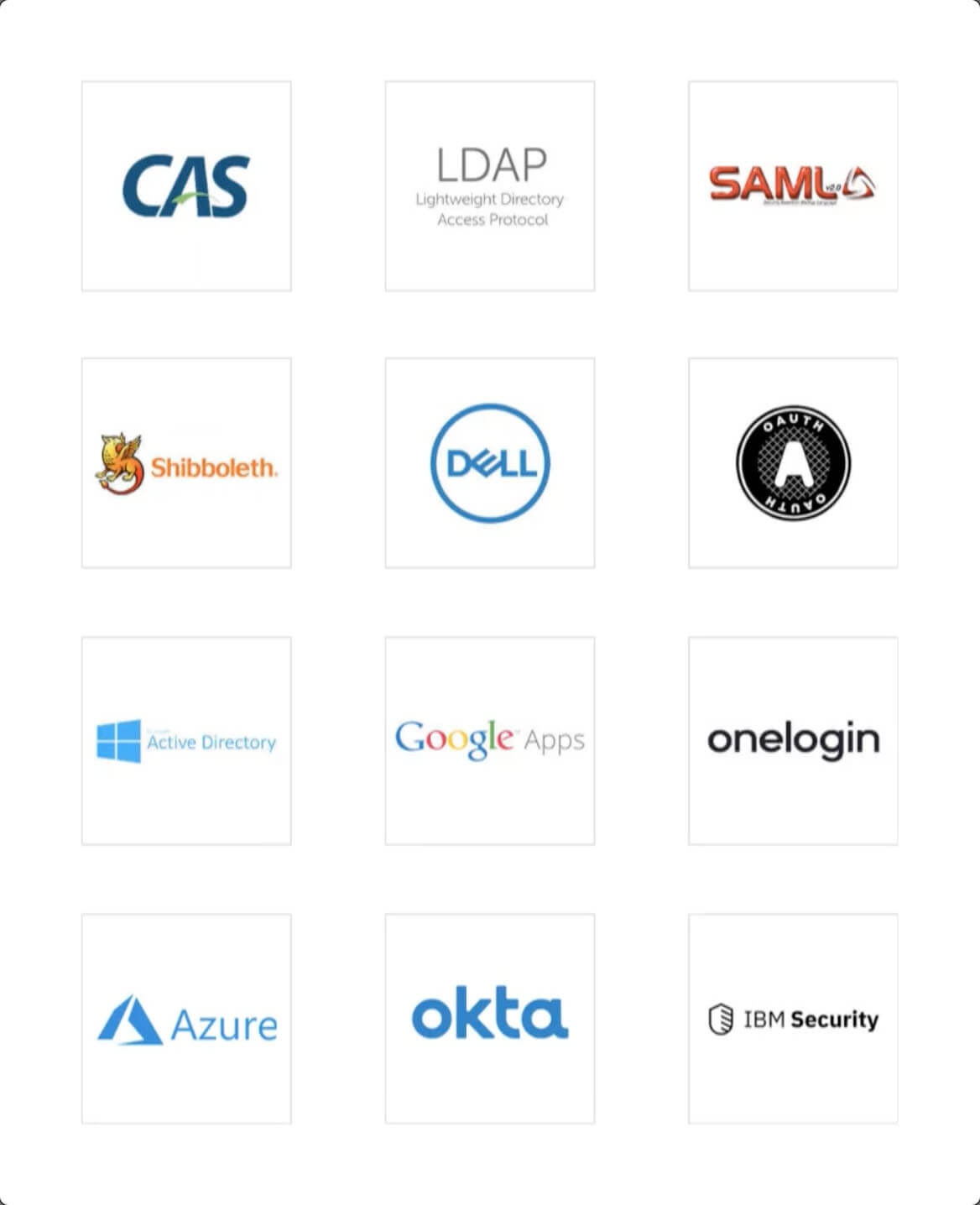 A collection of Single-Sign-On product logos displayed on a white background.