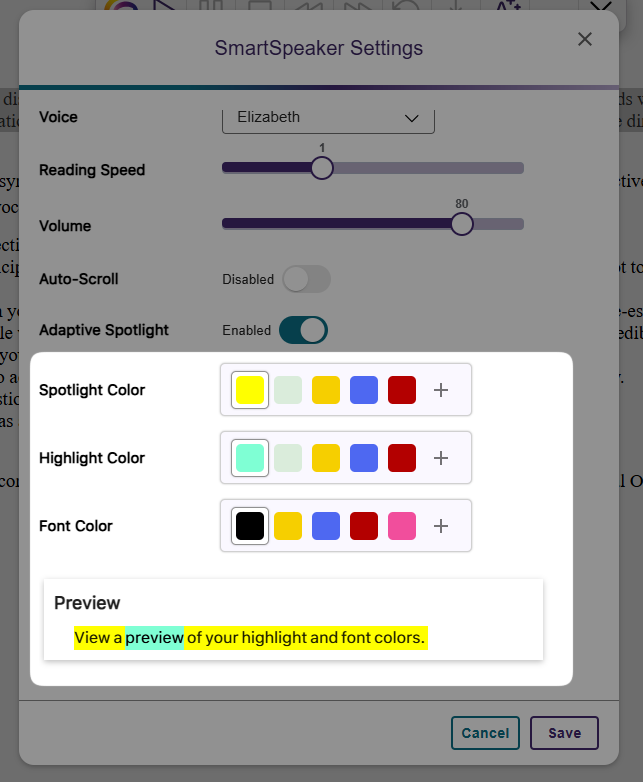 The SmartSpeaker Settings page highlighting the color customization and color contrast preview.
