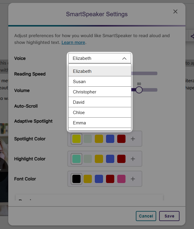 The SmartSpeaker Settings page highlighting the expanded voice options.