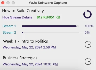 Status window showing the upload of a recording and future recording sessions. 
