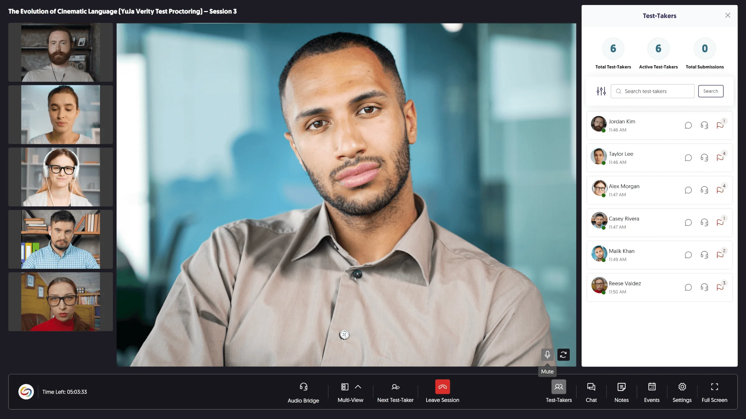 The improved Live Proctoring Media Player UI, featuring new features, and several students taking an assessment.