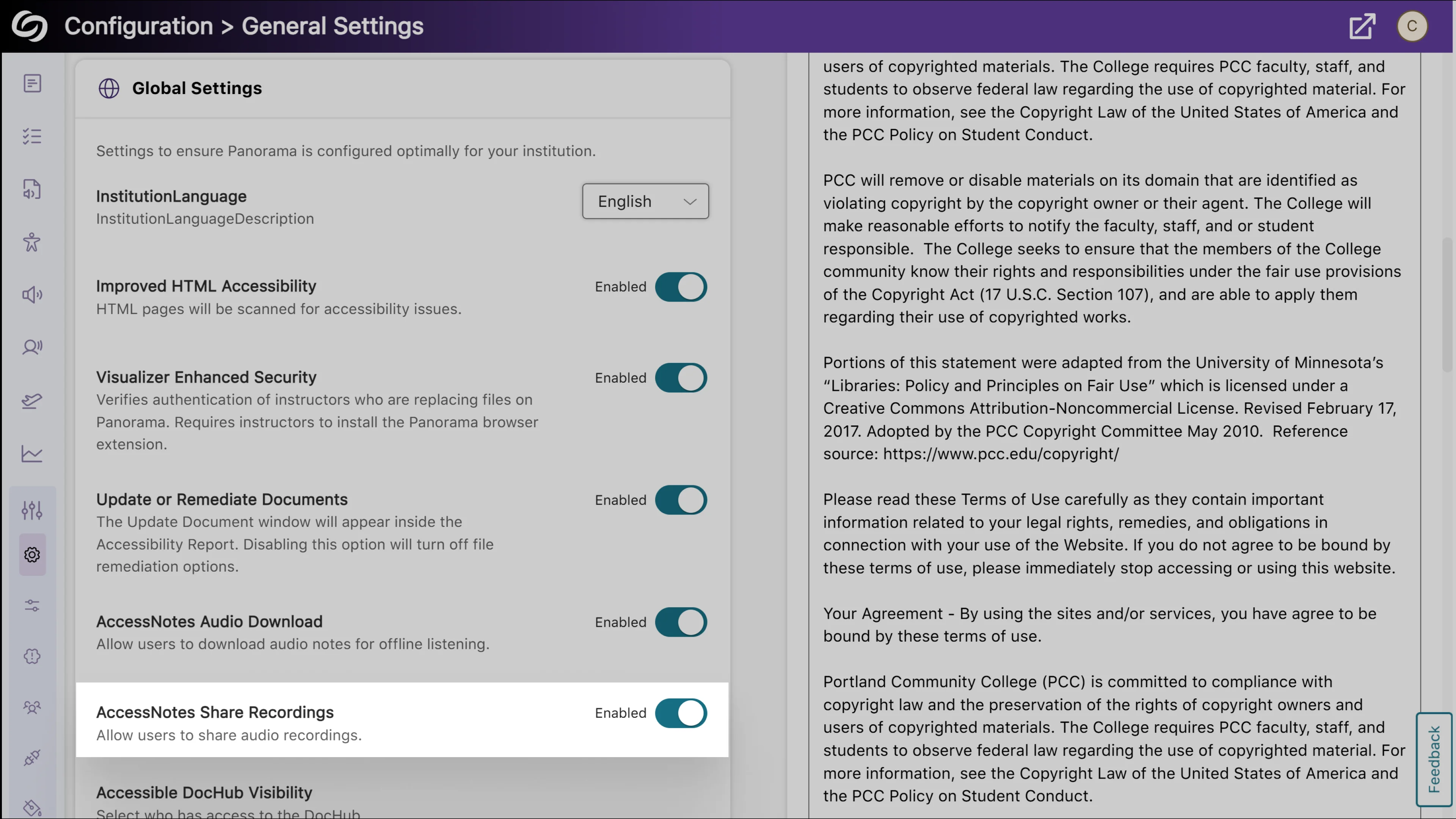 The setting to allow users to share audio recordings is highlighted and set to enabled in YuJa AccessNotes.
