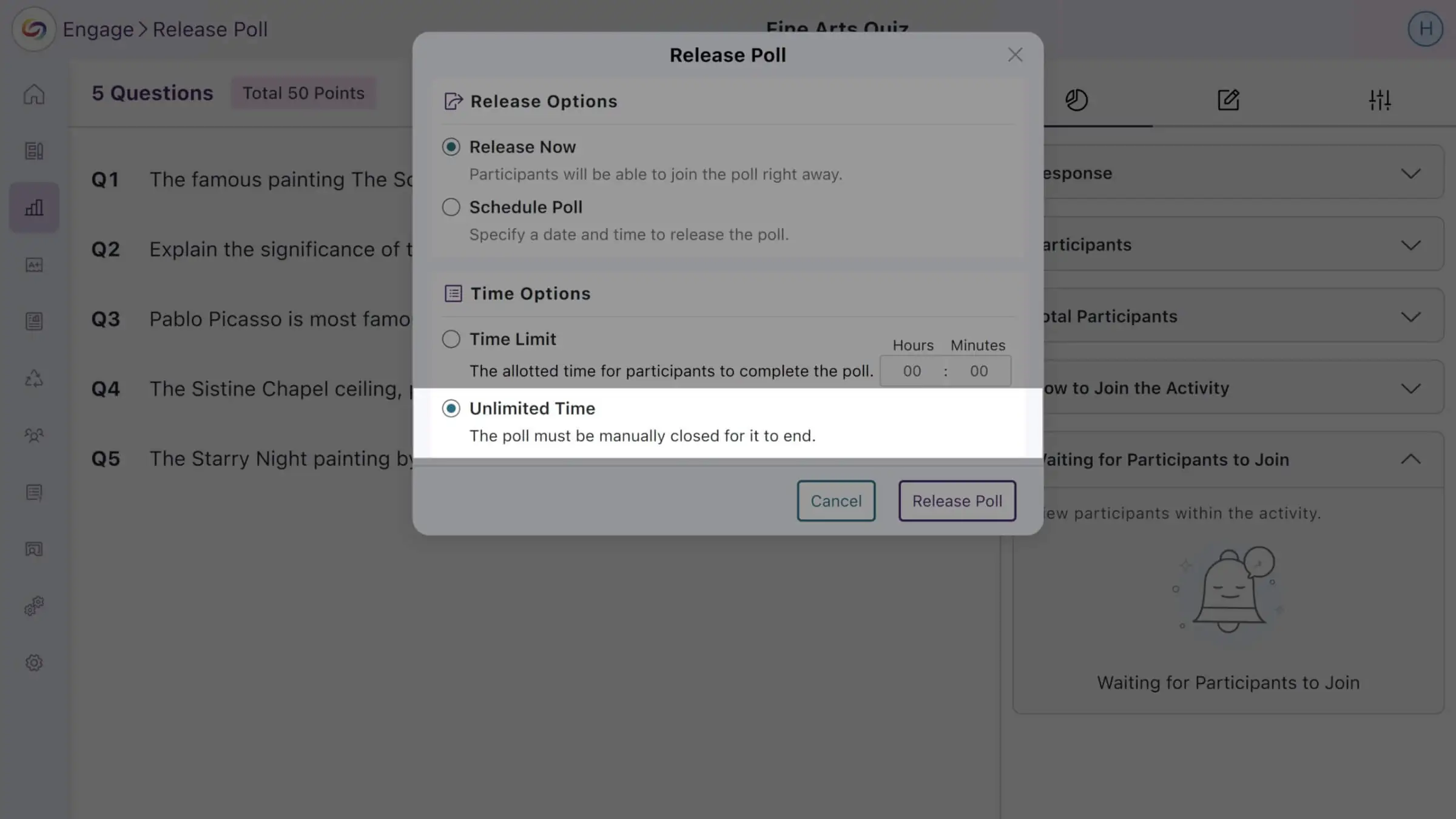 The new option to release polls with unlimited response time is highlighted in YuJa Engage.