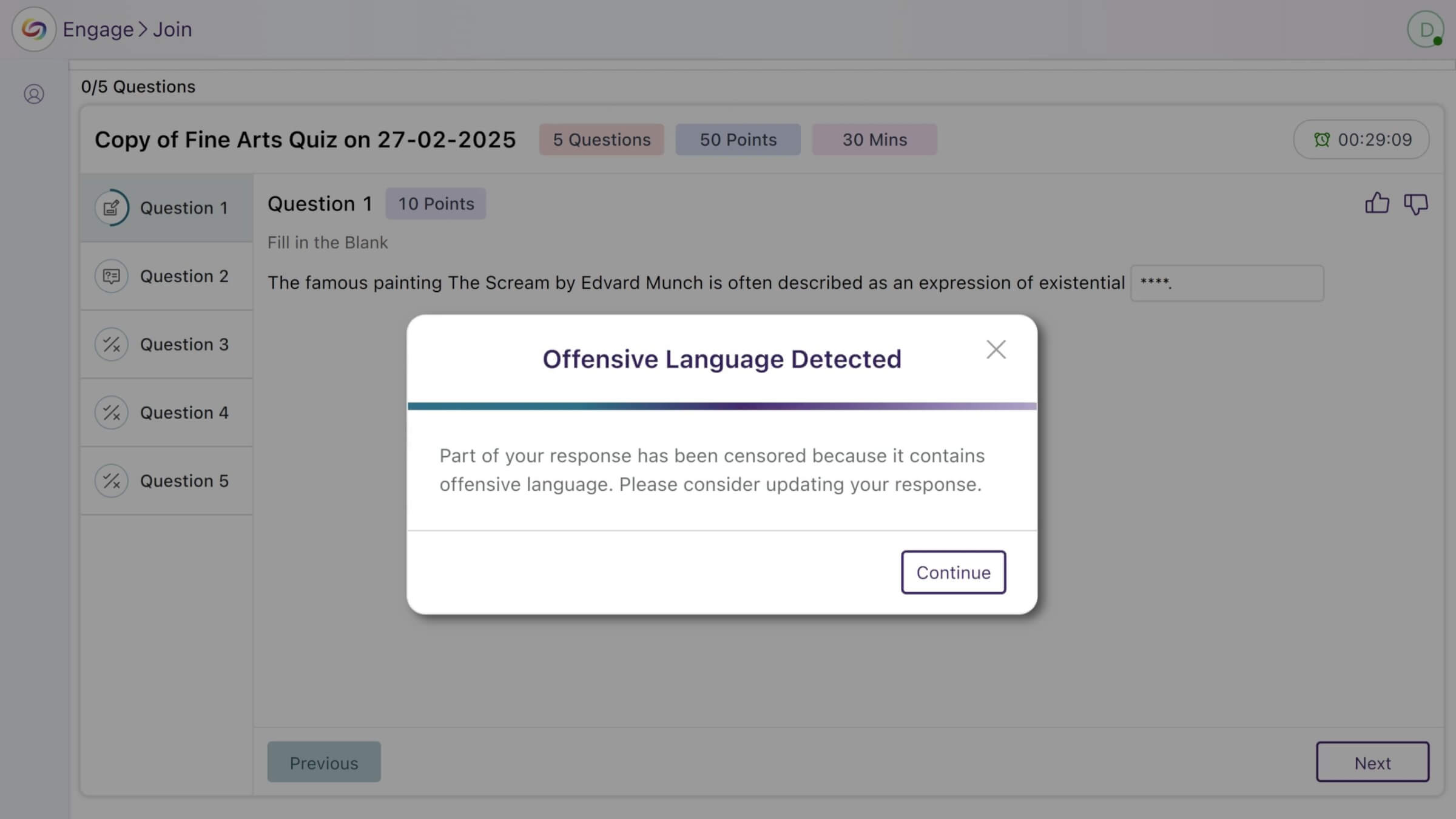 The new Profanity Filter to prevent offensive language in responses when using YuJa Engage.