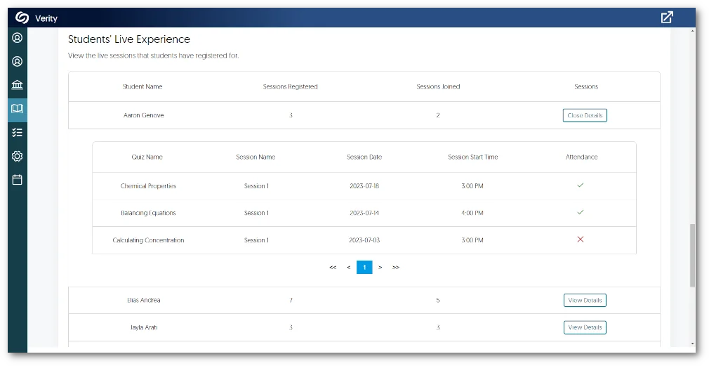 Students' Live Proctoring table