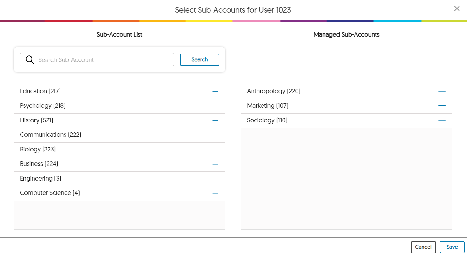 A screenshot that shows a list of accounts that can be assigned to sub-admins for management