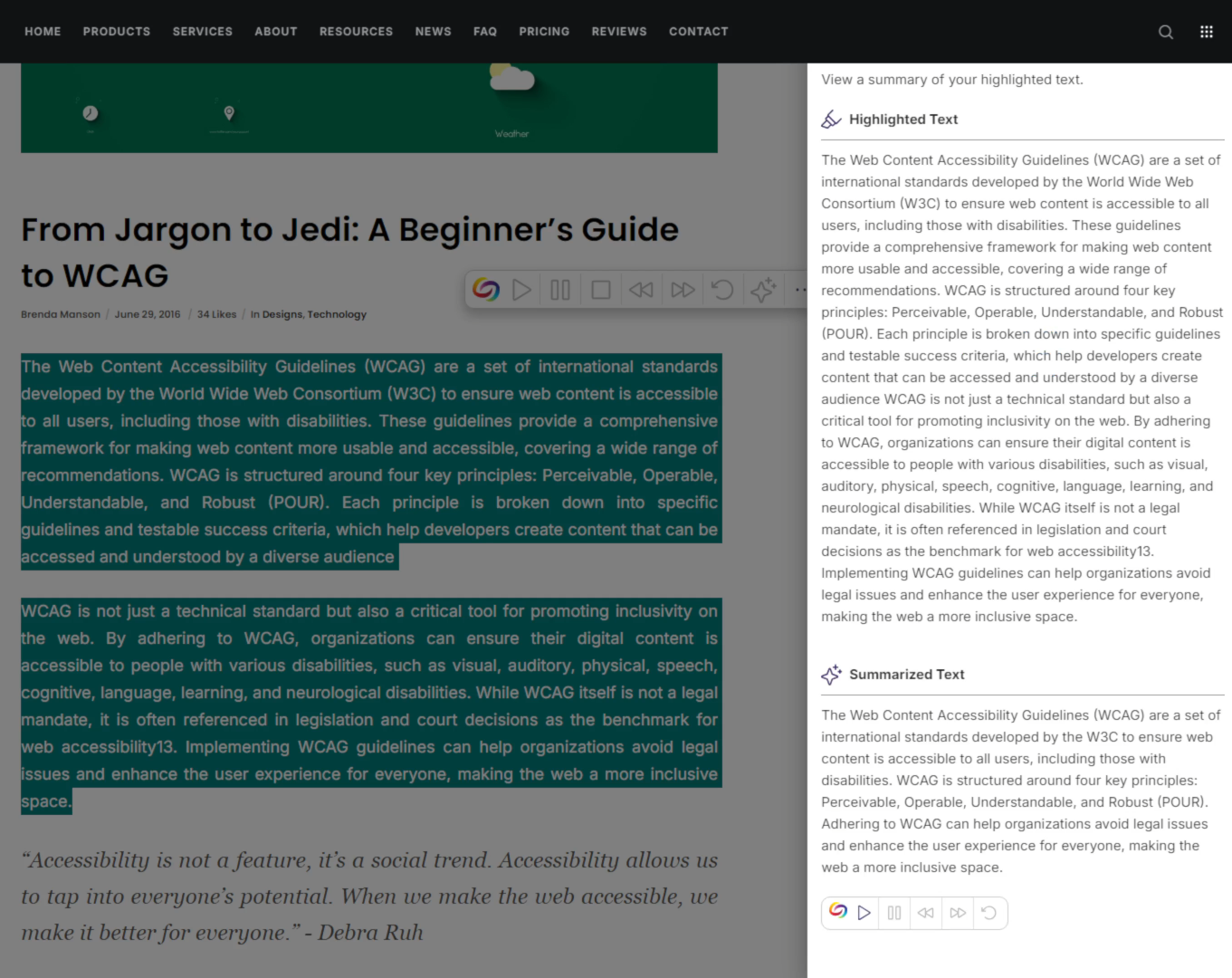 SmartSpeaker shows text that is summarized on a website.