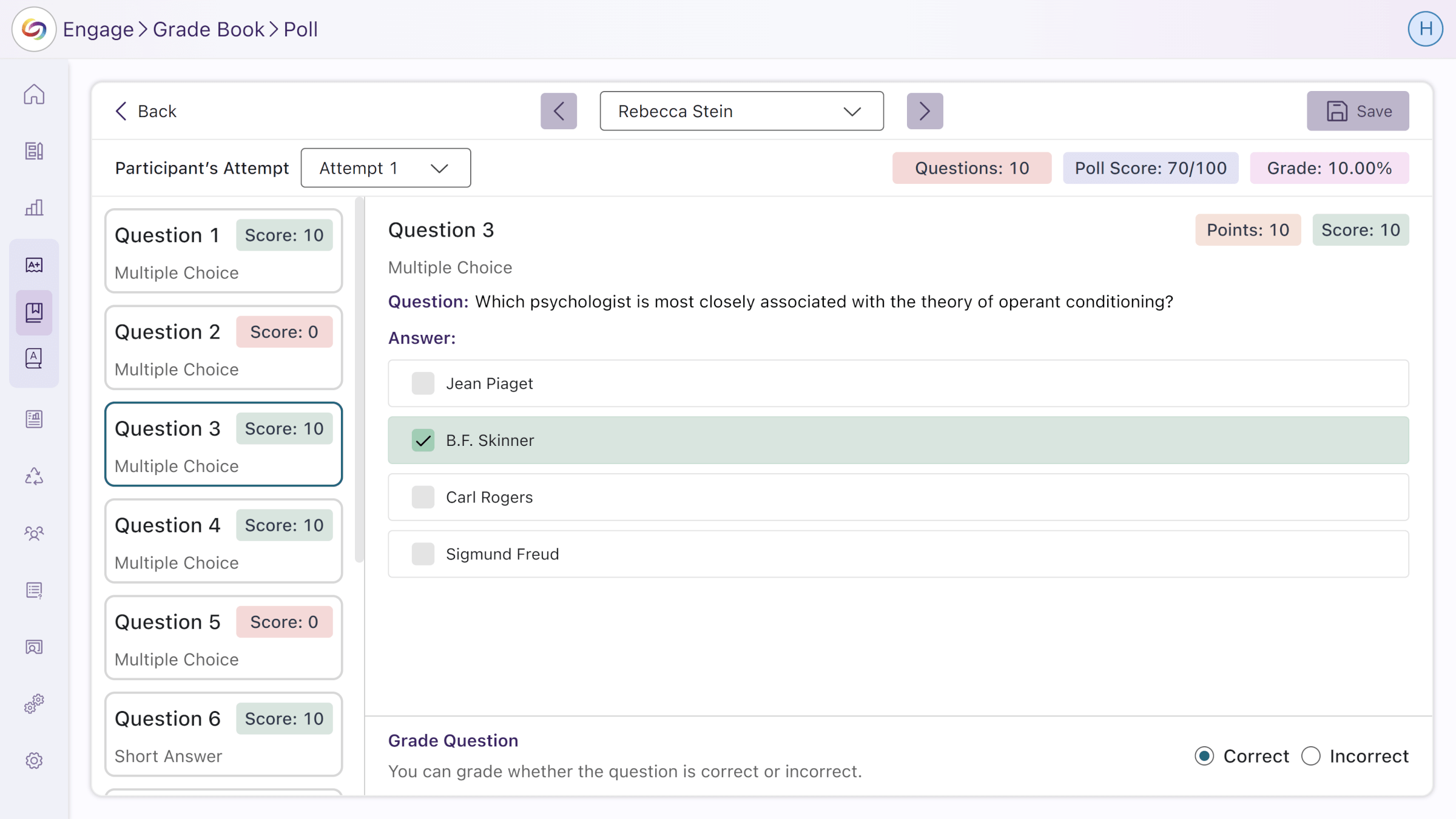 The 
revamped poll grading page with a new question side panel and summary badges.