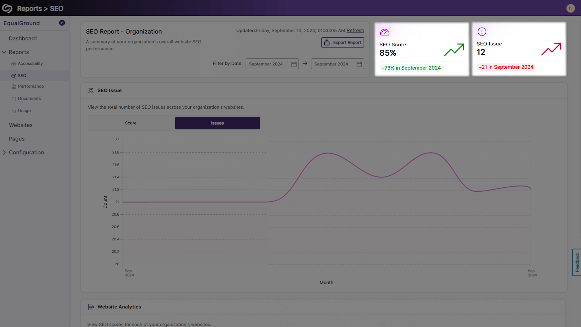 The SEO Report page with the Score and Issue cards highlighted.