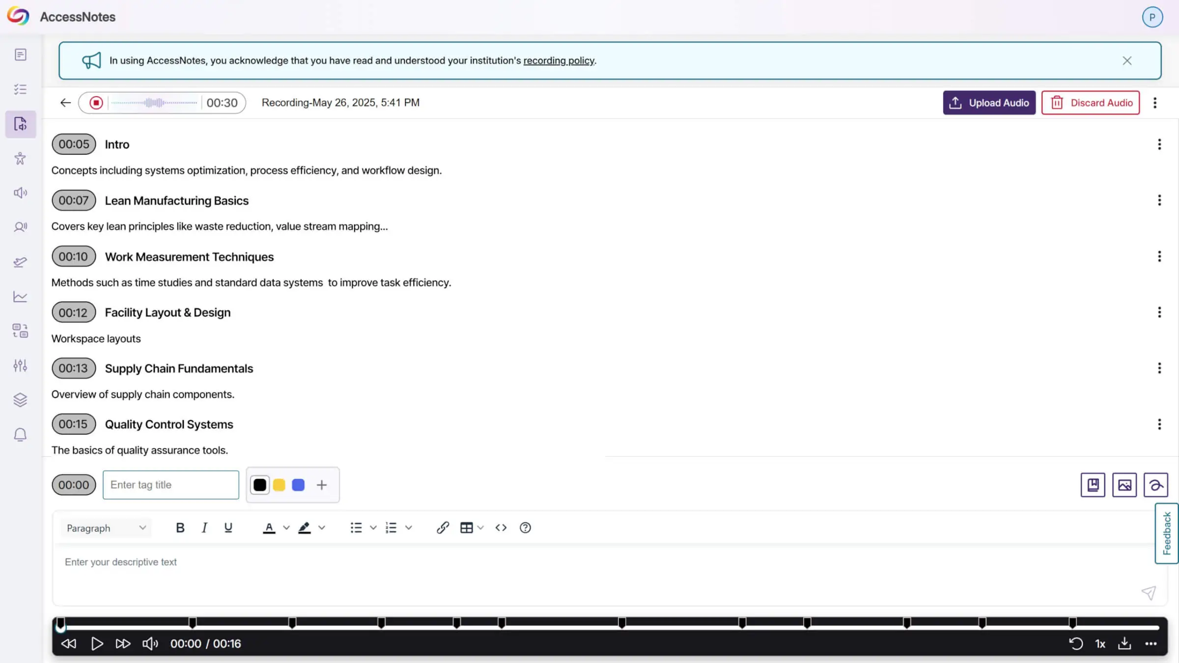 Screenshot of AccessNotes with Recording and Notes on screen.