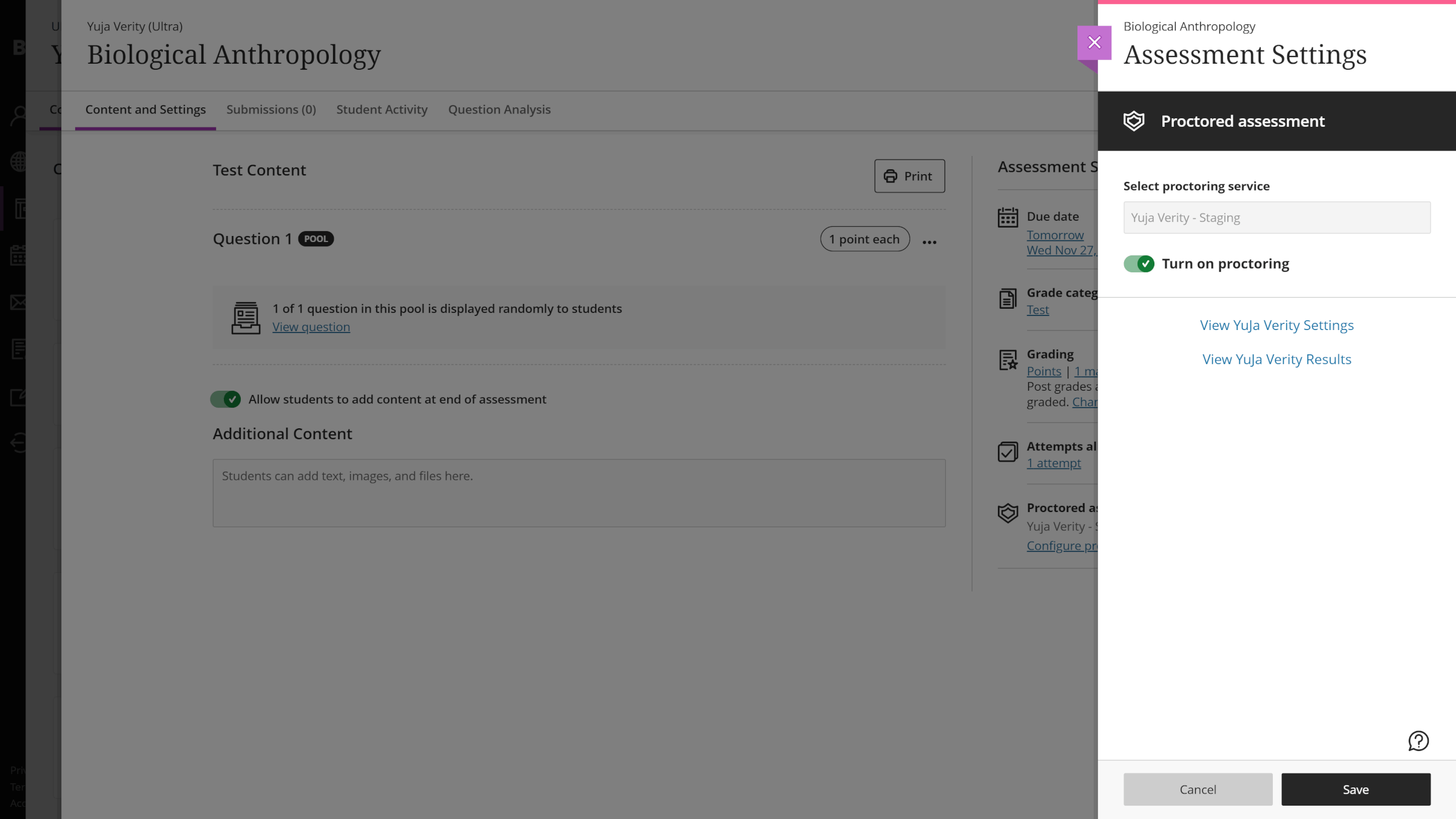 Screenshot of the YuJa Verity test creation screen in Blackboard.