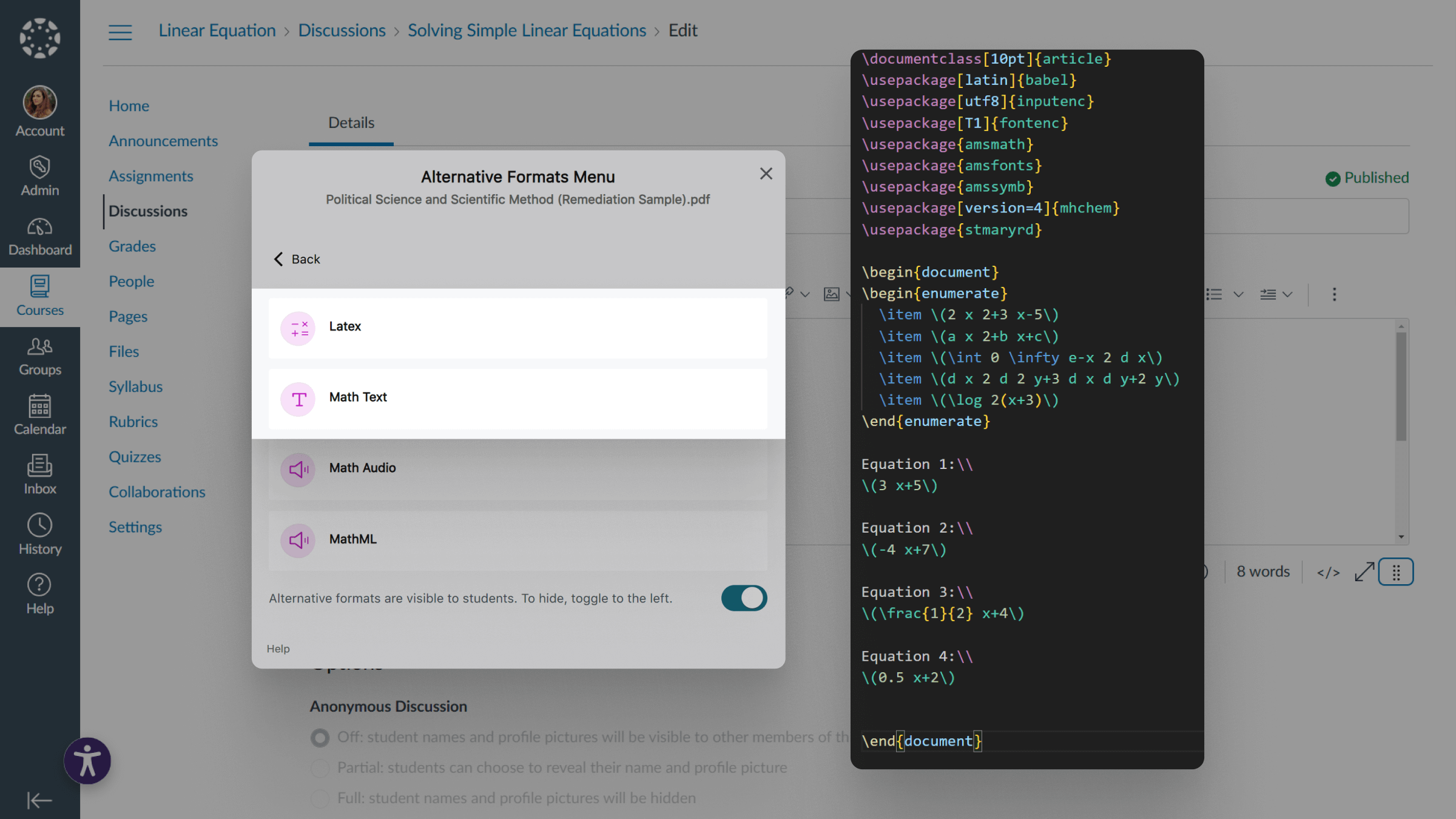Latex and Math Text Alternative formats menu screenshot.