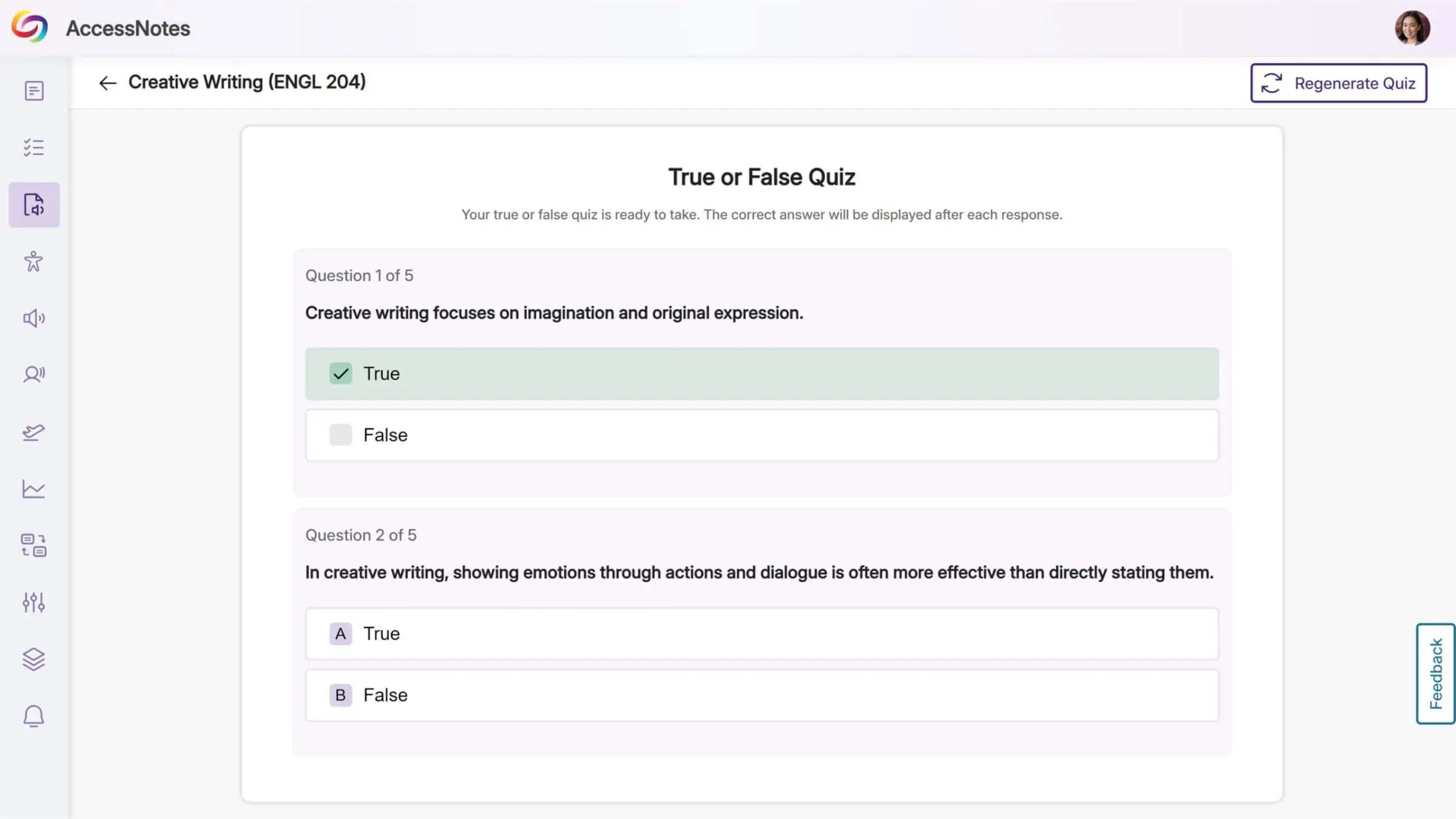 Screenshot of AccessNotes with generated Self-Study Quiz