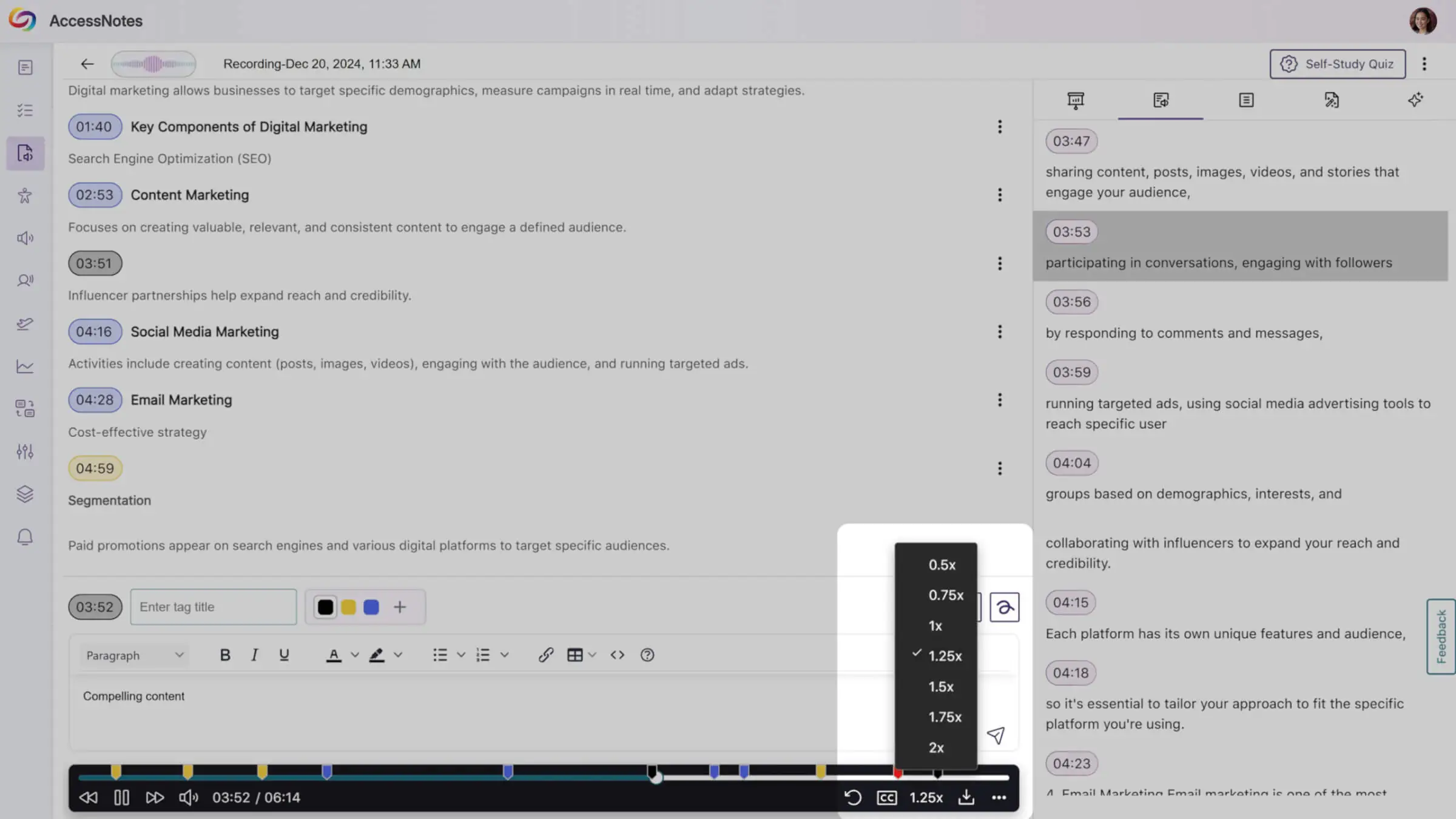 Screenshot of AccessNotes with Playback Speed Options.