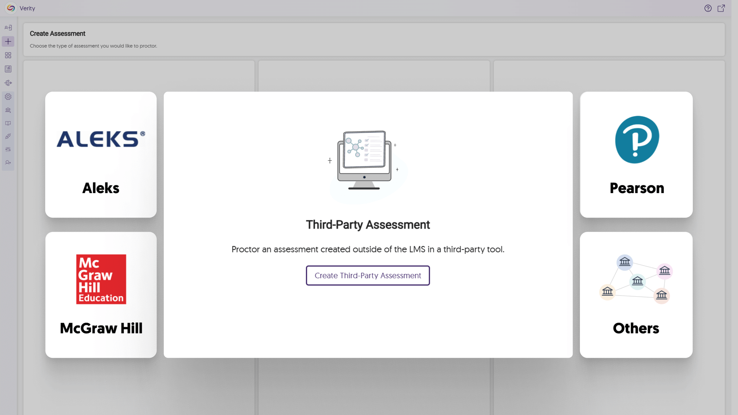 The Verity Create Assessment page, highlighting ALEKS, McGraw Hill, Pearson, and other integrations.