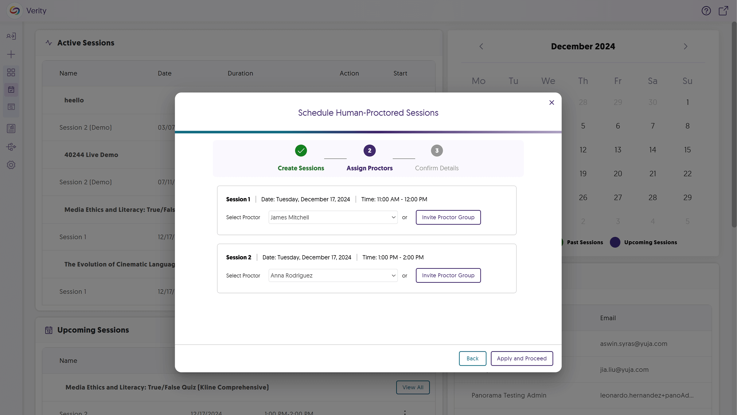  Image shows the human-proctored session proctor assignment page.