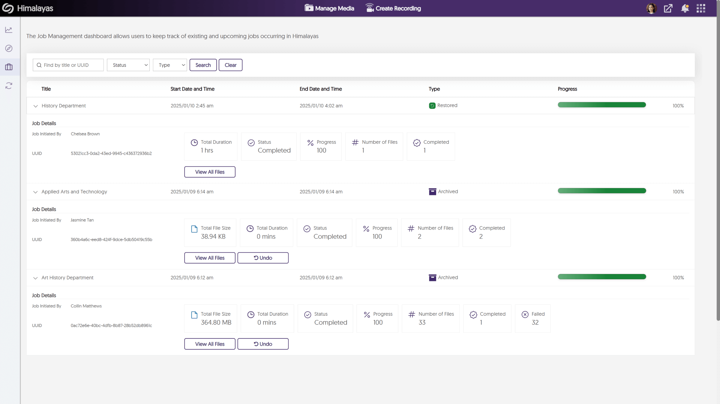 Screenshot of YuJa Himalayas Archiving Job Management.