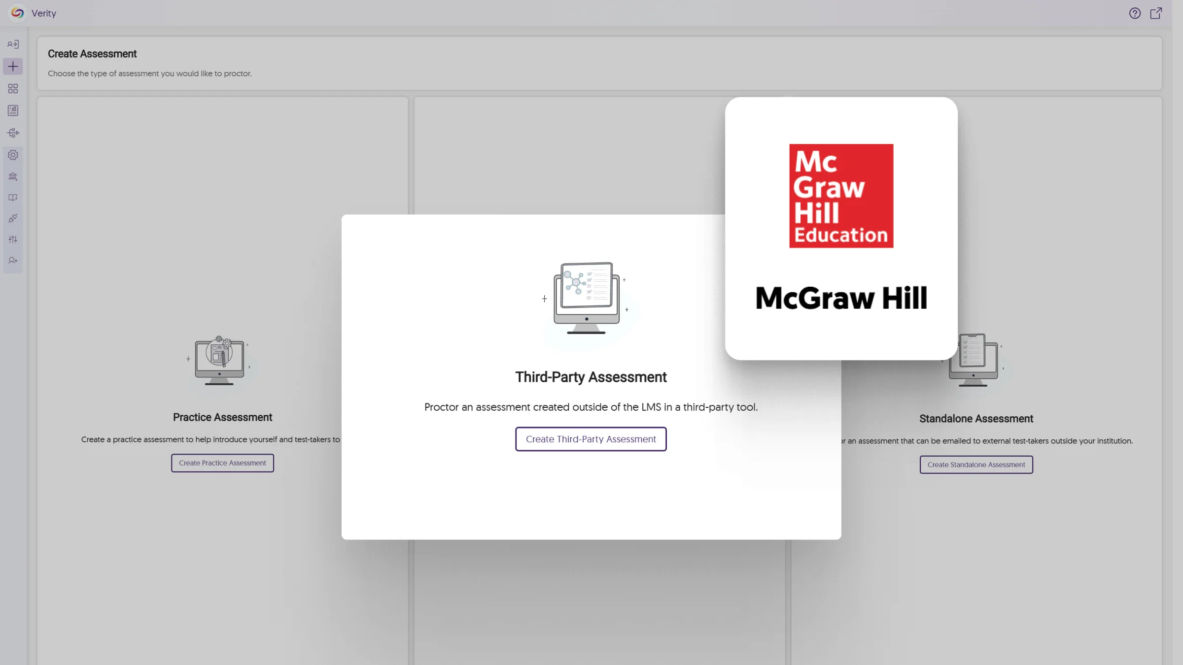 The Verity Create Assessment page, highlighting McGraw Hill integration.