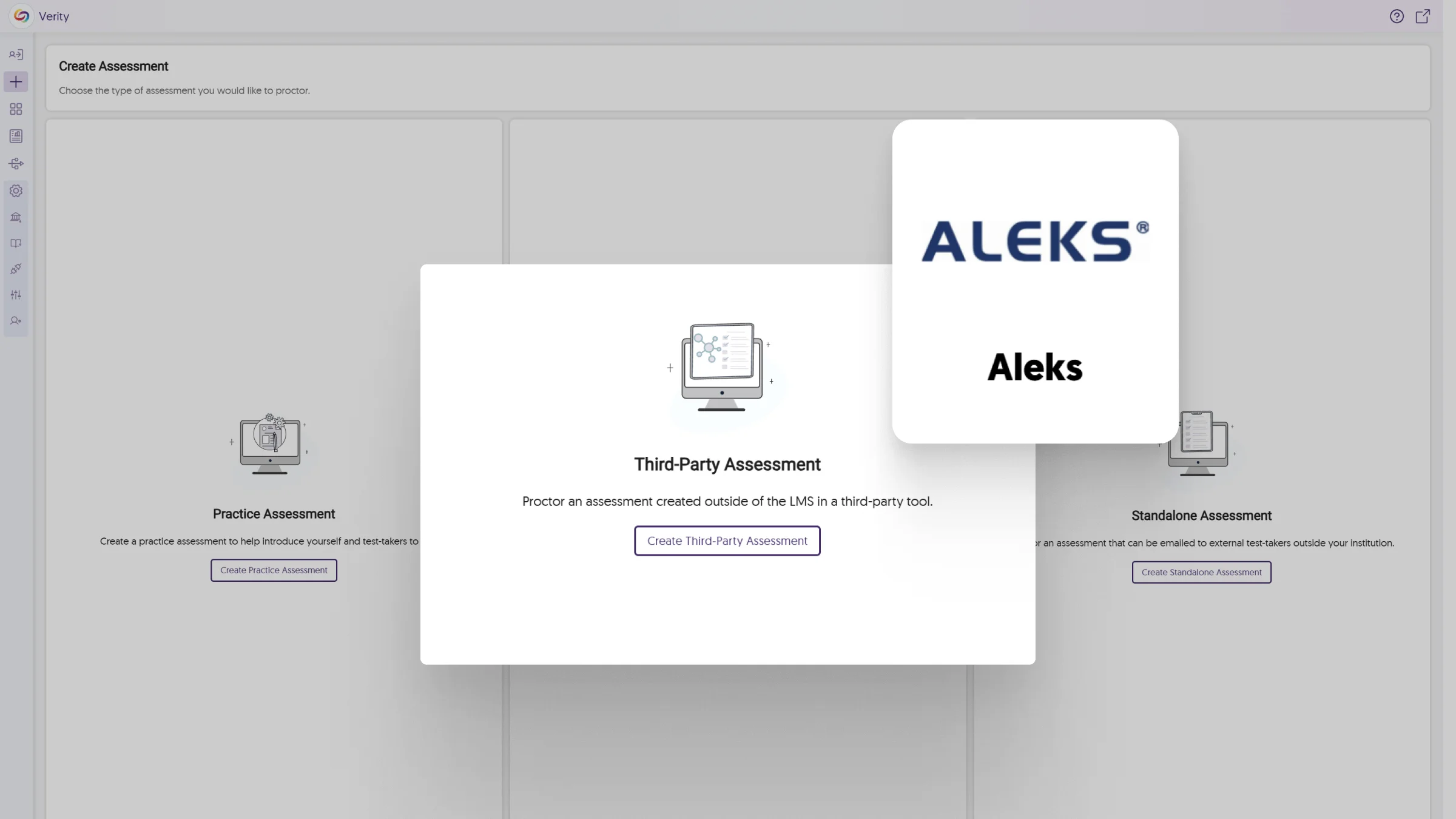 The Verity Create Assessment page, highlighting ALEKS integration.