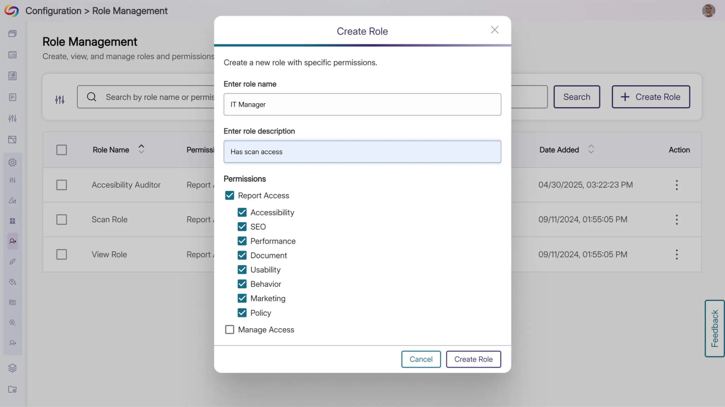 The Create Role modal open in YuJa EqualGround.
