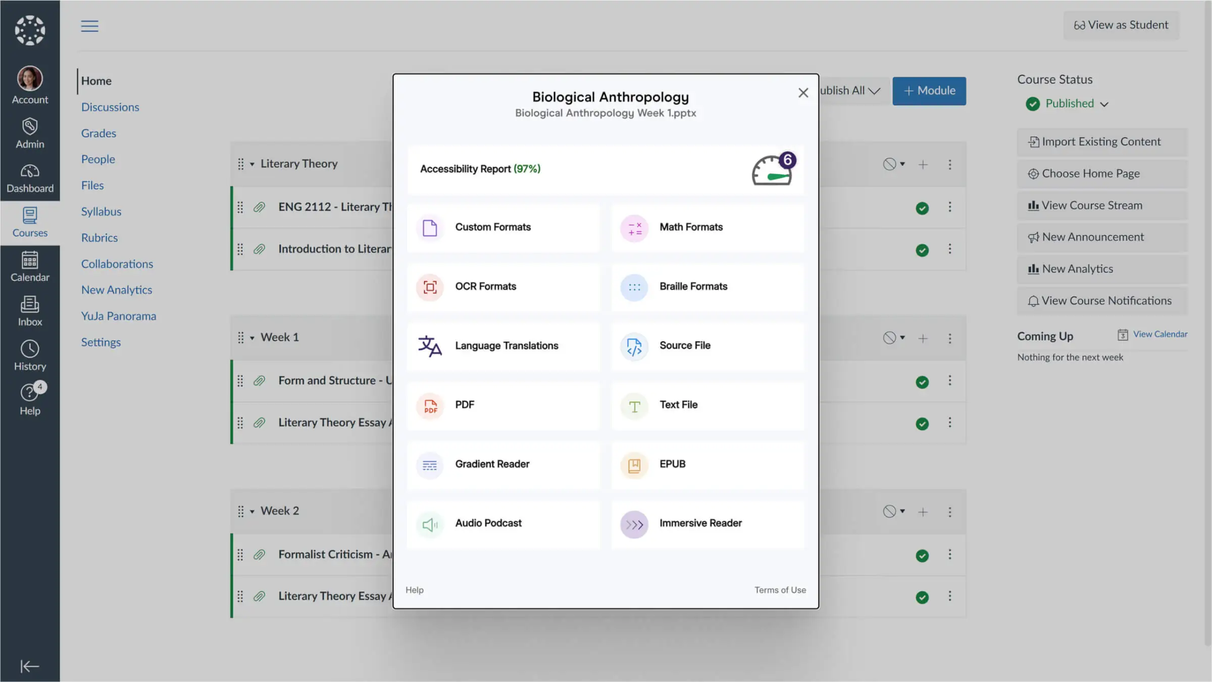 The YuJa Panorama Alternative Formats menu.