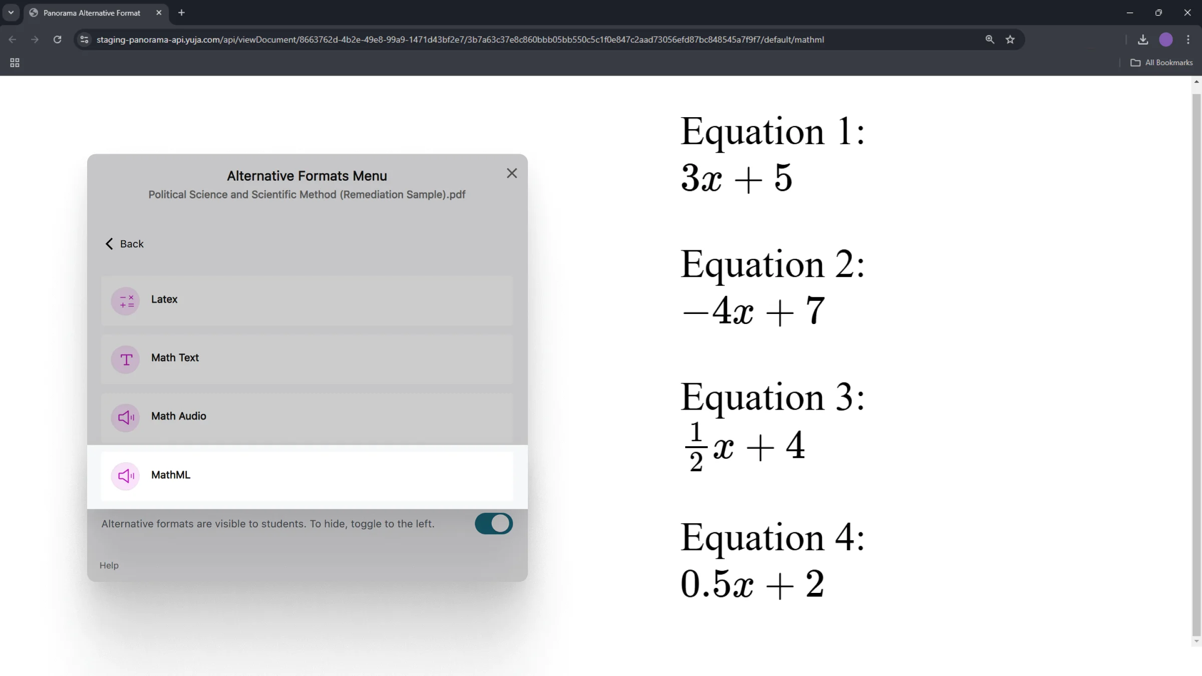MathML Alternative formats menu screenshot.