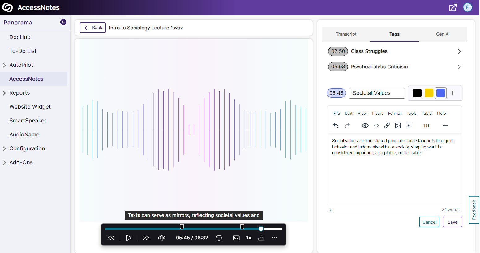 On the left side of the audio player, the option to add tags with a text editor is shown. 