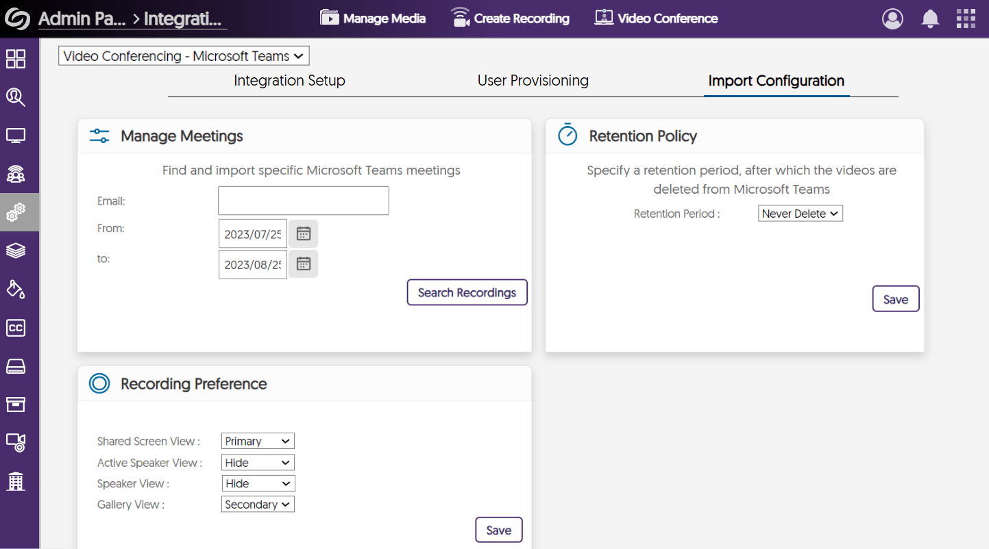 Microsoft Teams import configuration options in YuJa Himalayas.