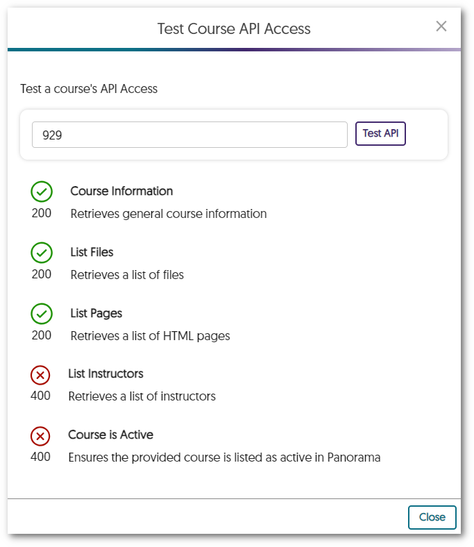 Test results for course API access. 