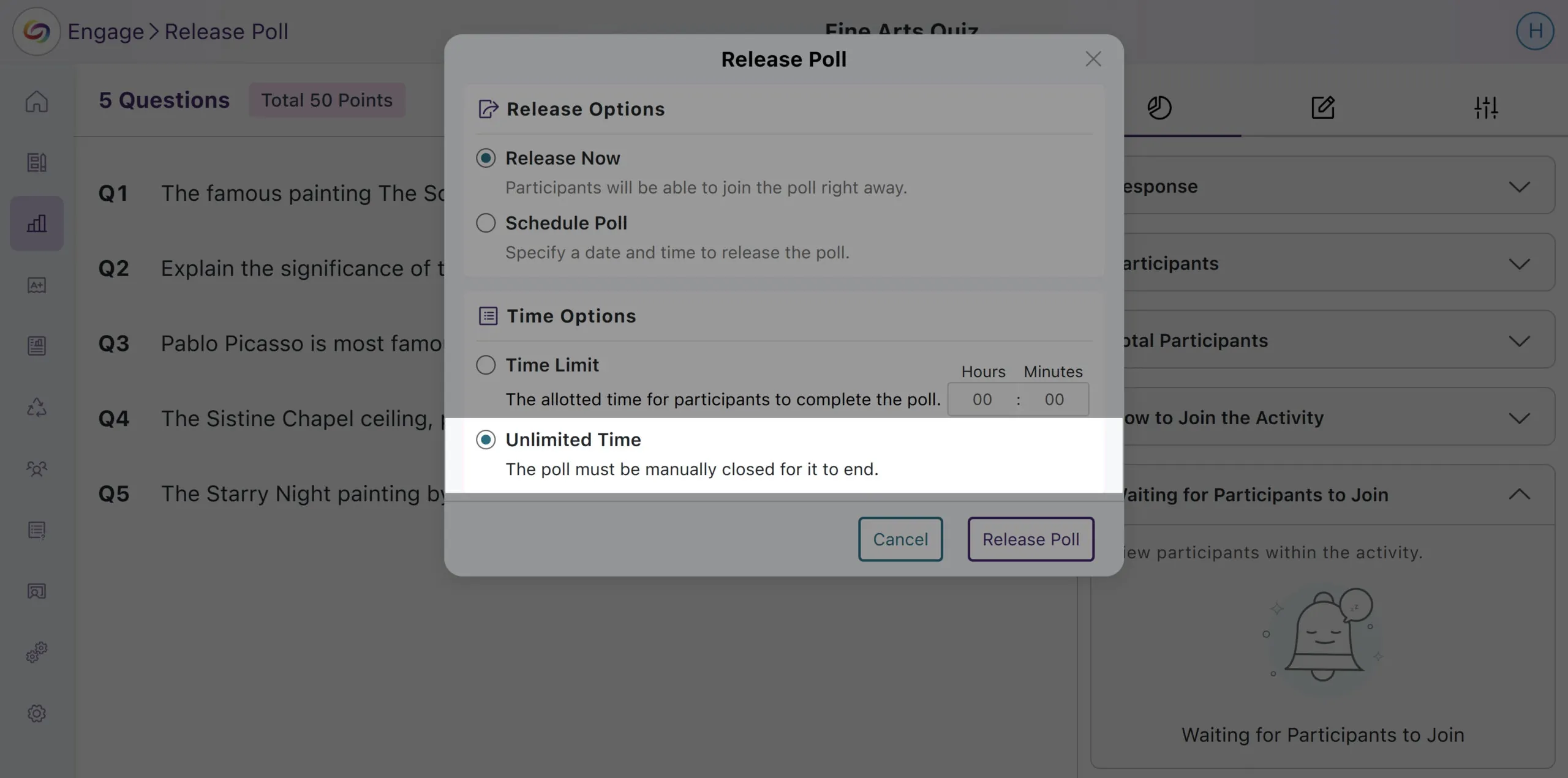 An image of the poll settings with unlimited time option in Engage.