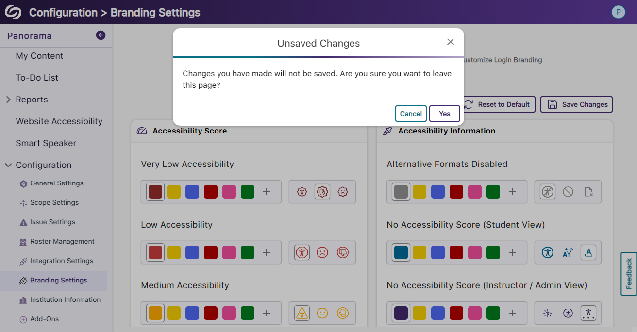 A pop-up modal warning users of unsaved changes.