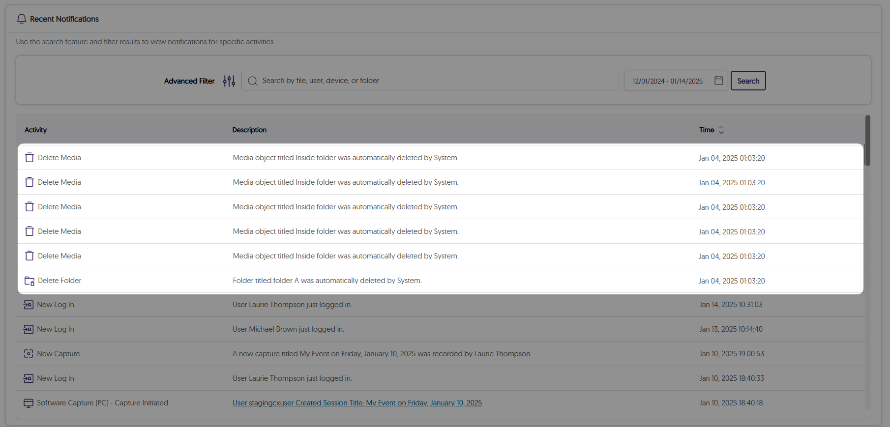 An image highlighting the log activities of deleting folder and files by the system in the Video Platform.