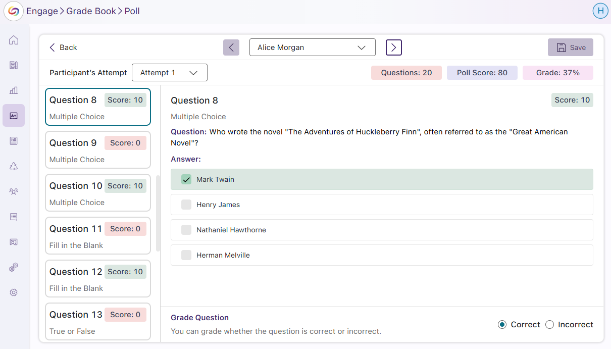 An image of the revamped interface of the Grade Book in YuJa Engage.