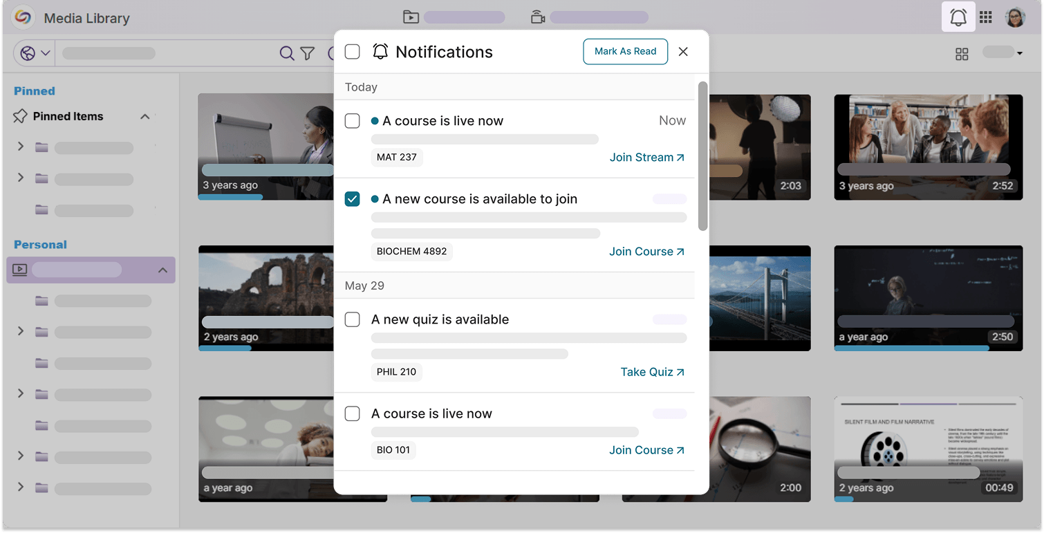 Mid-fidelity prototype of the new notifications modal in YuJa Lumina.