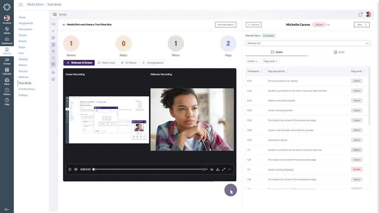 A gif showing the recording delete page in YuJa Verity,