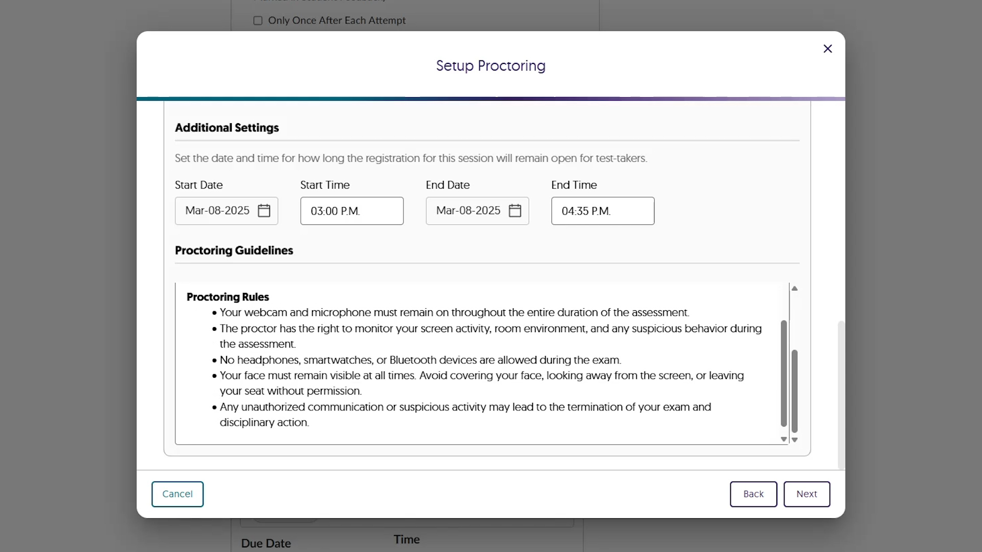 An image highlighting the proctoring guideline upload section in Verity live proctoring setup window.